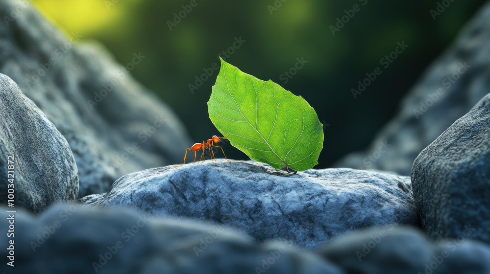 Poster determined ant pushing huge leaf fragment through rocky terrain showcases strength and perseverance 