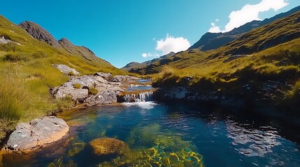Tranquil Mountain Stream with Blue Sky and Lush Grass