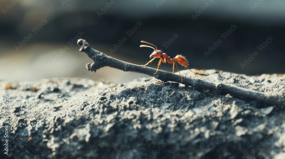 Poster ant attempting to move thick twig over bump showcases its determination and strength in nature. this