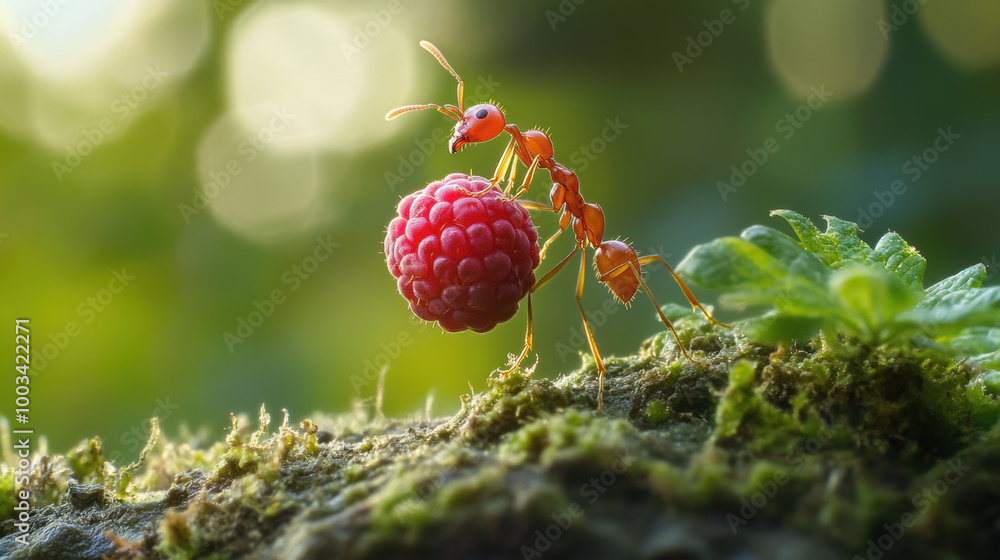 Poster ant balancing heavy berry on its back showcases determination and strength in nature. this tiny crea