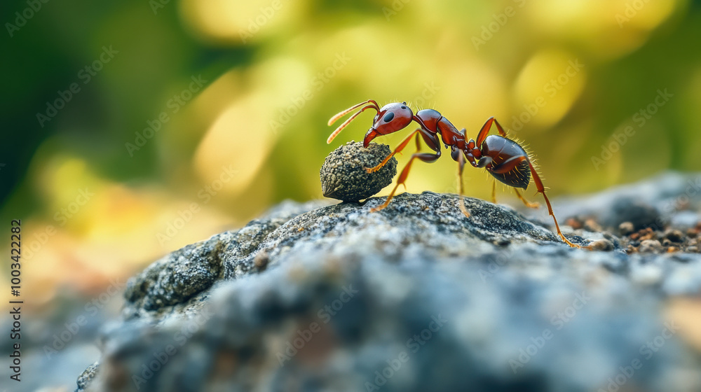 Poster ant balancing heavy seed on its back while navigating rocky surface showcases its strength and deter