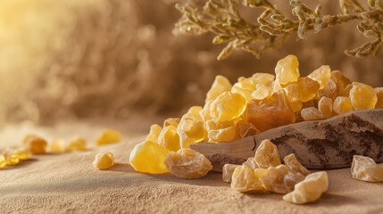 frankincense with resin pieces and frankincense tree branches against an isolated soft brown background