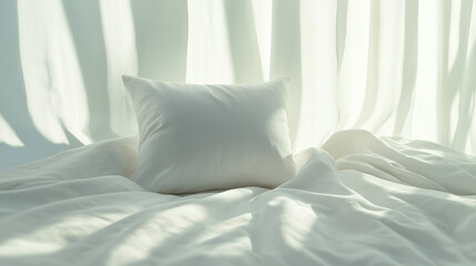 a minimalist yet sophisticated setup, focusing on a close-up of a plush white pillow resting on smooth white linens