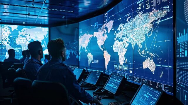 Government agents monitoring global safety from a high tech mission control center analyzing real time data displayed on multiple screens