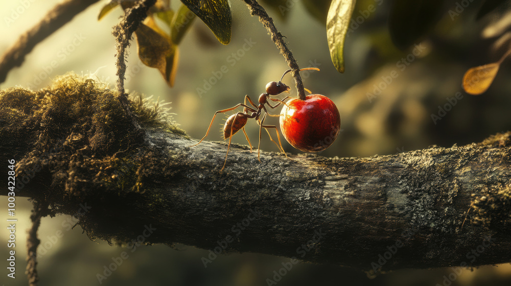 Poster ant pushing heavy berry across wide tree branch showcases determination and strength of natures smal