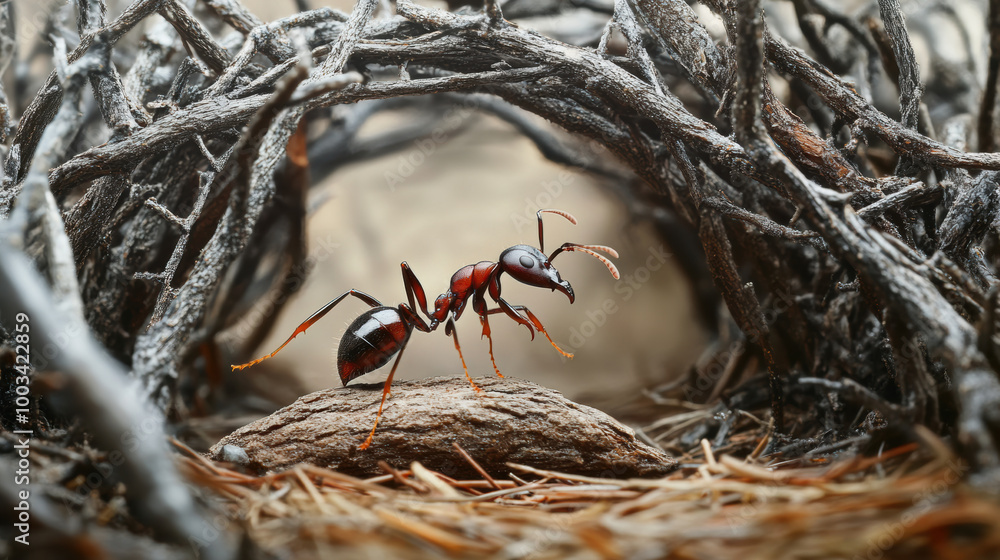 Poster ant navigating through maze of twigs, pushing large crumb, showcases its determination and strength 