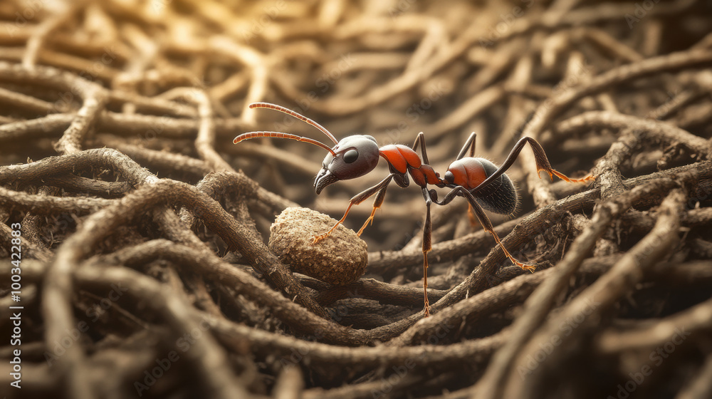 Poster ant pushing large crumb through maze of twigs showcases determination and teamwork of nature. this s
