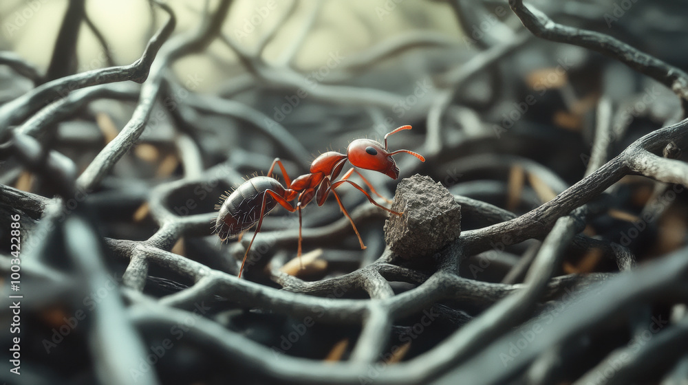 Poster ant pushing large crumb through maze of twigs showcases determination and teamwork of nature. this s