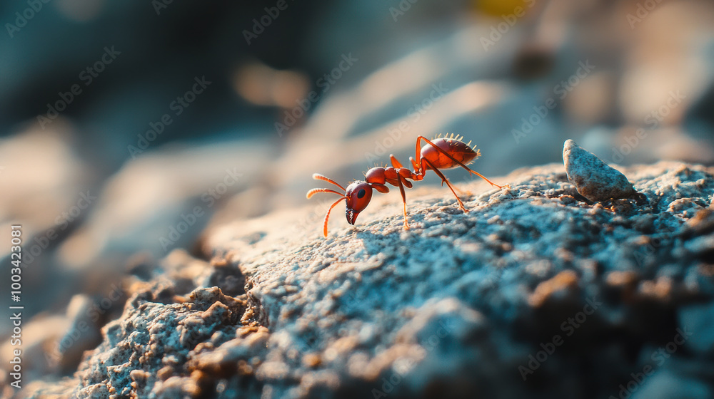 Poster ant pushing small pebble across rocky surface showcases determination and strength of this tiny crea