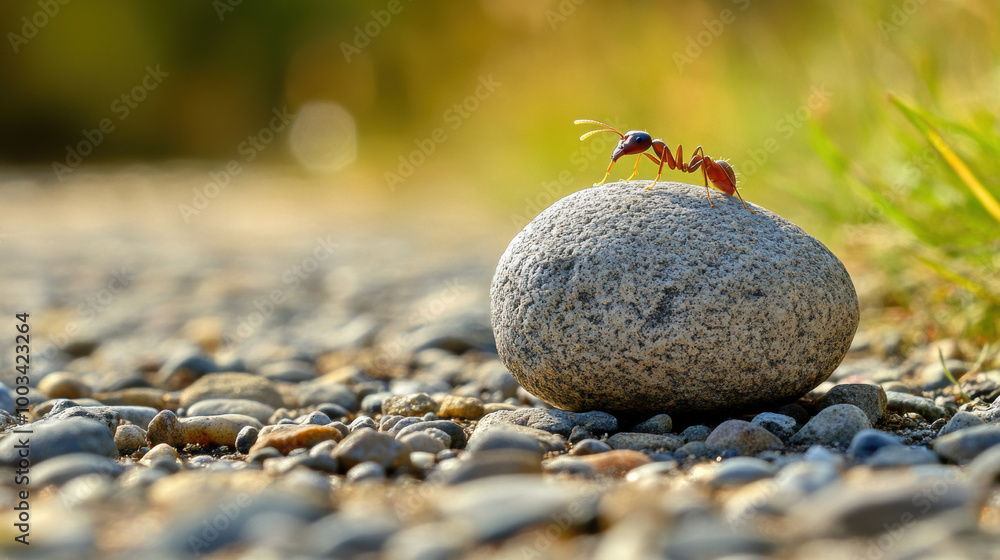 Poster ant trying to push large rock off path symbolizes determination and strength in nature. scene captur