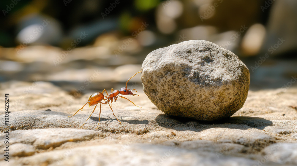 Poster ant trying to push large rock off path symbolizes determination and strength in nature. this tiny cr