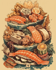 Japanese Cuisine Illustration   Sushi and Seafood in Vintage Style