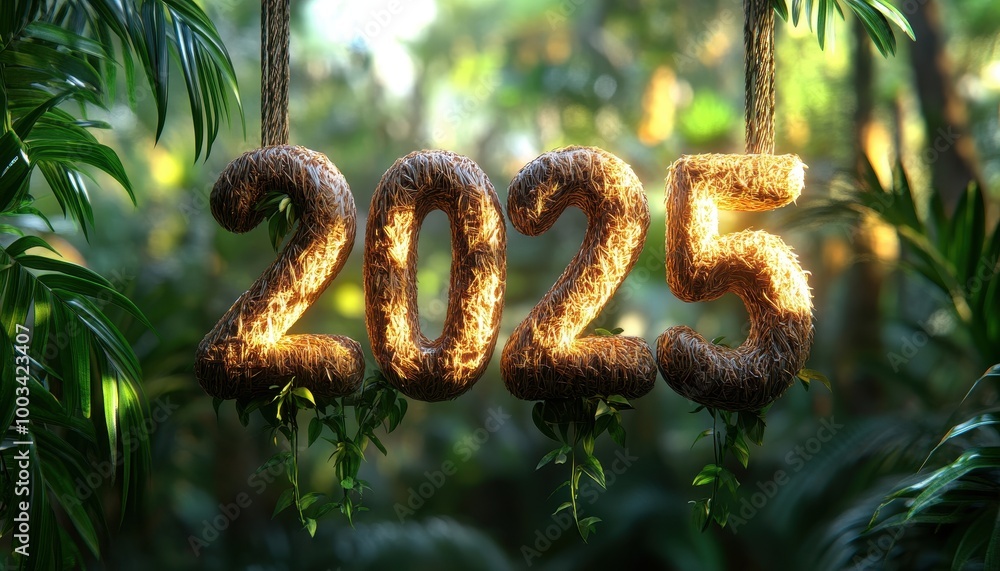 Poster Glowing 2025 Year Numerals Hanging in a Lush Jungle Setting