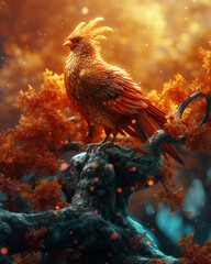 Fototapeta premium Golden Bird on a Tree Branch in Autumn Forest