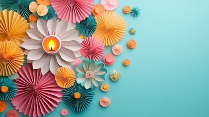 Obraz premium Glowing Paper Art Lanterns and Diyas Against Colorful Diwali Banner Background