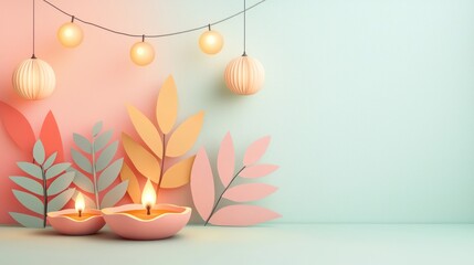Radiant Paper Lanterns and Glowing Diyas in Vibrant Diwali Setting
