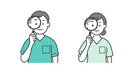 虫眼鏡を持つ歯科医男女の上半身イラスト