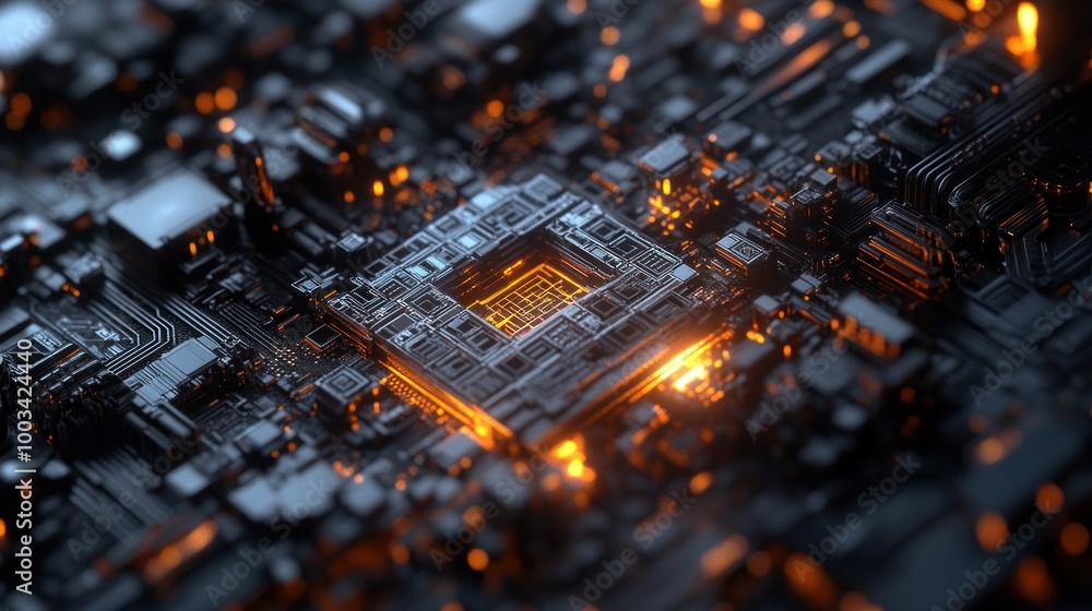 Poster close-up of a computer motherboard with glowing circuits