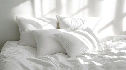 Obraz premium two or three fluffy white pillows on smooth white bed linens, with morning light casting soft shadows that evoke the early hours of the day