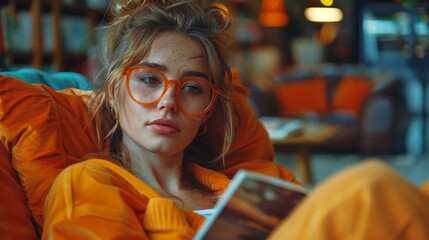A woman in orange glasses reading a book on the couch. AI.