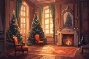 Fototapeta premium Cozy Christmas Living Room with Fireplace Decorated Christmas Tree and Two Chairs