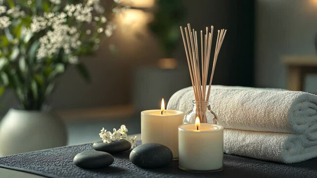 Spa Setting with Candles, Reed Diffuser, Stones, and Towel