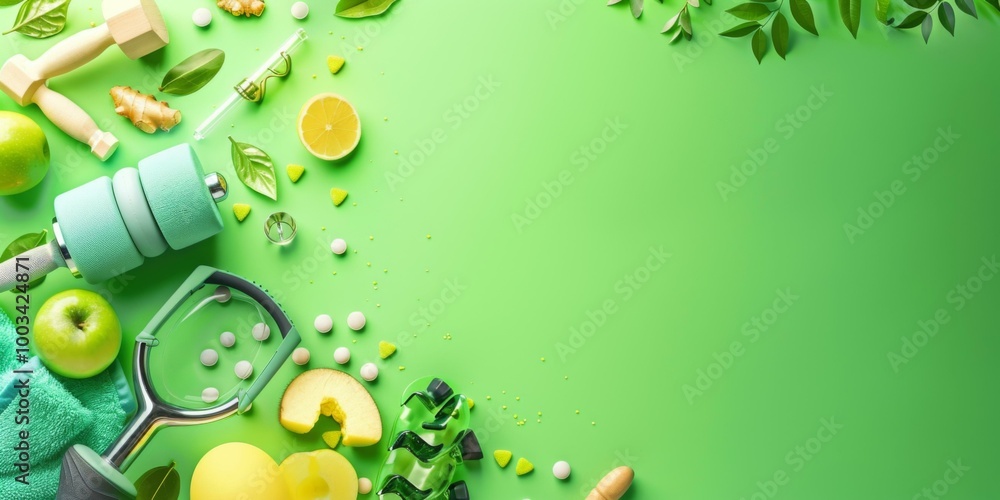 Wall mural A green background with various fruits and vegetables. AI.