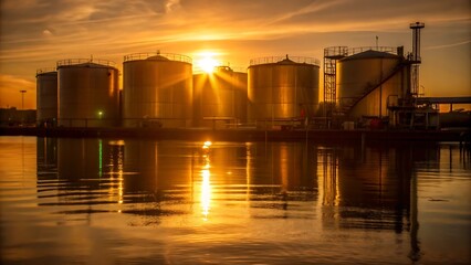 Naklejka premium Golden Sunset Reflecting on Industrial Tanks
