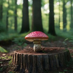Vibrant Mushroom on Tree Stump in Serene Forest