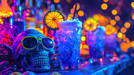 Vibrant neon-lit Halloween party with skull cocktails and festive lights