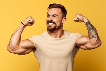 Fototapeta premium Muscular Man Flexing Biceps Confidence Fitness Strength Tattoo Yellow Background