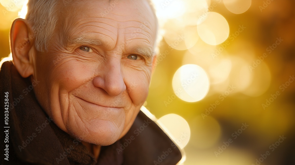 Poster Senior man smiling in the golden light.