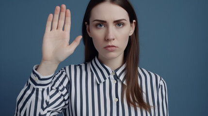 Woman with Serious Expression Holding Up Hand in Stop Gesture