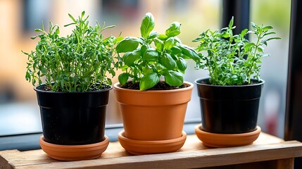 Fototapeta premium Fresh Green Herbs in Pots on Windowsill