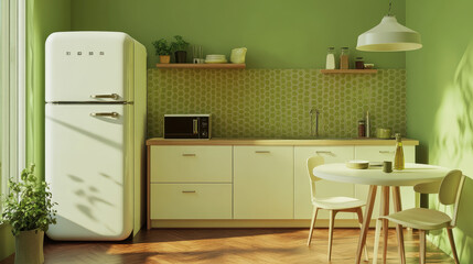 a green kitchen with a white tile backsplash and refrigerator. The walls have vertical olive-colored cabinets, creating an elegant atmosphere