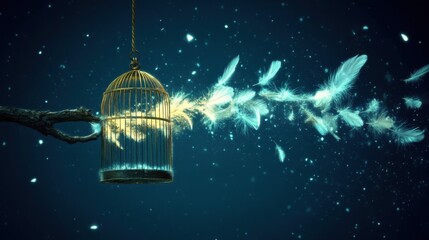 A birdcage hanging from a branch with its door open, feathers gently falling, symbolizing newfound freedom.
