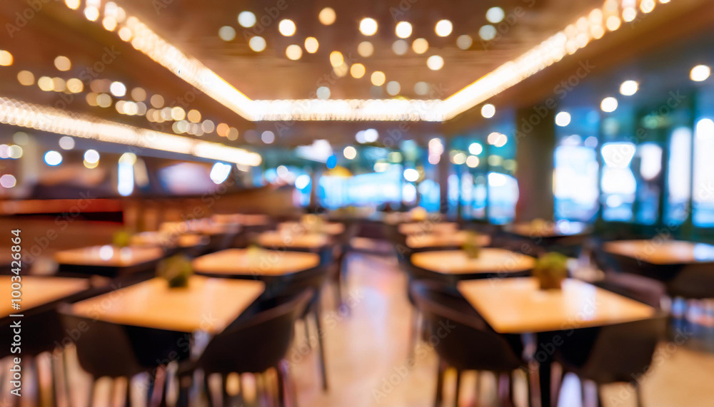 Poster defocused abstract background of an empty food court at night, with chairs stacked on tables and sof