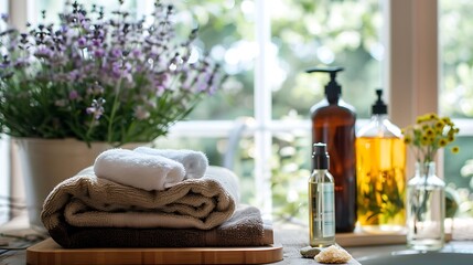 Close-up of folded towels and bottles of spa products with vase of flowers for creating serene relaxing wellness retreat concept.