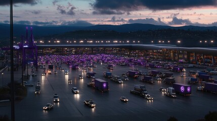 A busy logistics hub at sunrise, with cargo ships, cranes, and trucks all in motion, handling global exports.