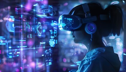 Person with VR Headset Surrounded by Glowing Abstract Shapes