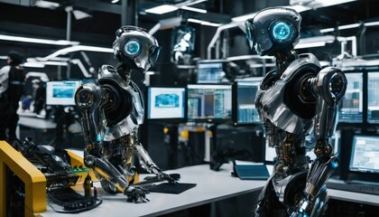 Future AI robots work in factories