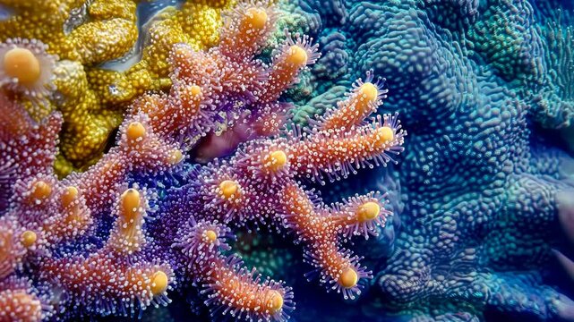 Close-up of colorful coral polyps in a vibrant underwater scene