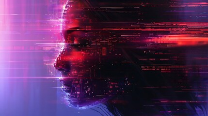 A digital portrait blending human features with abstract data streams.