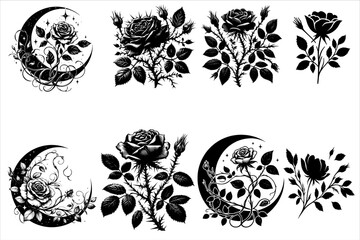 Rose Silhouette Vector Bundle Illustration. Wild Rose Silhouette Vector Set Isolated on white background. 