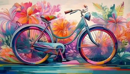 Fototapeta premium A vibrant retro bicycle glowing with neon lights, blending 1950s charm and futuristic allure. Its colorful LED wheels and radiant frame create a captivating, modern masterpiece.