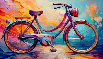 Fototapeta premium A vibrant retro bicycle glowing with neon lights, blending 1950s charm and futuristic allure. Its colorful LED wheels and radiant frame create a captivating, modern masterpiece.