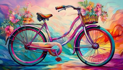 Fototapeta premium A vibrant retro bicycle glowing with neon lights, blending 1950s charm and futuristic allure. Its colorful LED wheels and radiant frame create a captivating, modern masterpiece.