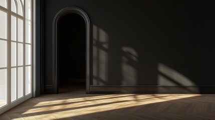 Fototapeta premium Black wall room with shadow window sunlight and arch entrance on empty house
