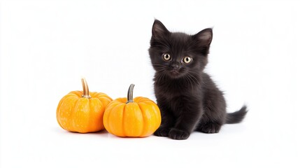 Long-haired black kitten with pumpkin on a white background