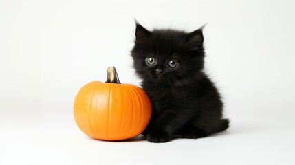 Long-haired black kitten with pumpkin on a white background